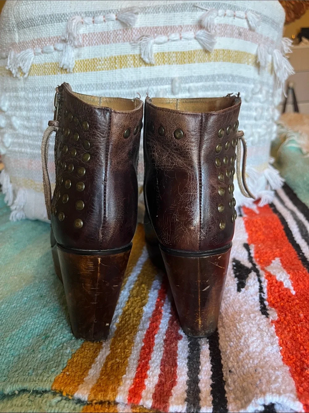 Bed Stu Brown Leather Studded Wedge Ankle Boots